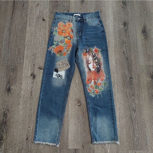 MissLook Women's Jeans Painted Floral Bird Fairy Raw Hem Small Blue - Picture 1 of 7